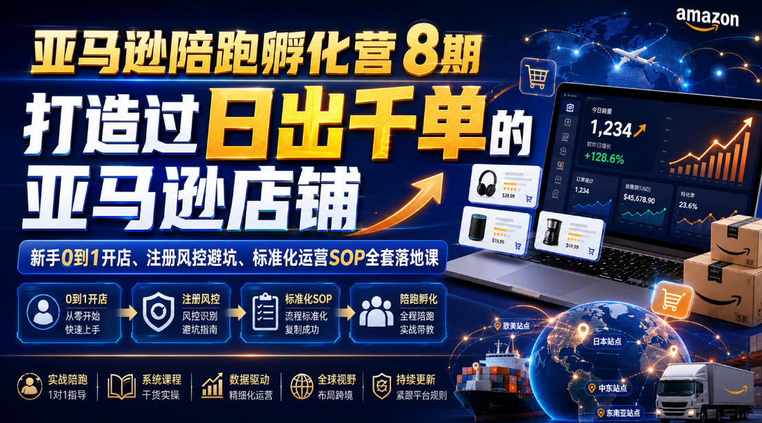 亚马逊陪跑孵化营8期，打造过日出千单的亚马逊店铺，新手0到1开店、注册风控避坑、标准化运营SOP全套落地课-我爱项目网