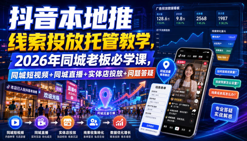 抖音本地推线索投放托管教学，2026年同城老板必学课，同城短视频+同城直播+实体店投放+问题答疑-我爱项目网