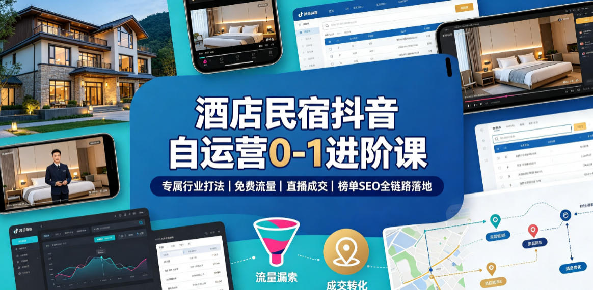 酒店民宿抖音自运营0-1进阶课｜专属行业打法、免费流量+直播成交+榜单SEO全链路落地-我爱项目网