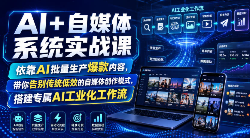 AI+自媒体系统实战课，依靠AI批量生产爆款内容，带你告别传统低效的自媒体创作模式，搭建专属AI工业化工作流-我爱项目网