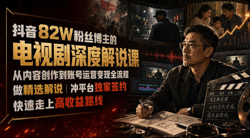 抖音82W粉丝博主的电视剧深度解说课，从内容创作到账号运营变现全流程，做精选解说，冲平台独家签约，快速走上高收益路线-我爱项目网