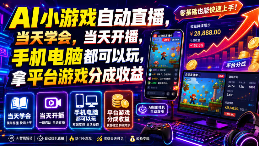 AI小游戏自动直播，当天学会，当天开播，手机电脑都可以玩，拿平台游戏分成收益-我爱项目网