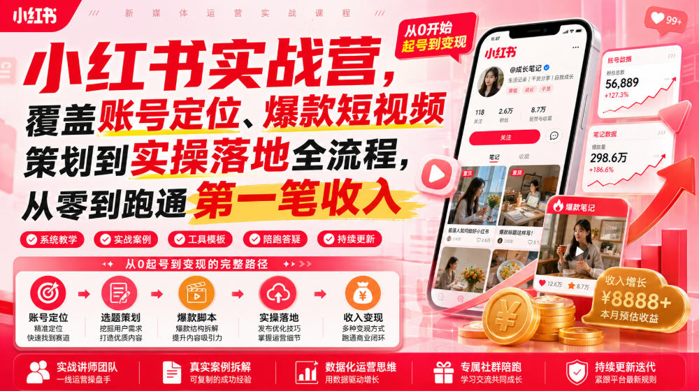 小红书实战营，覆盖账号定位、爆款短视频策划到实操落地全流程，从零到跑通第一笔收入-我爱项目网