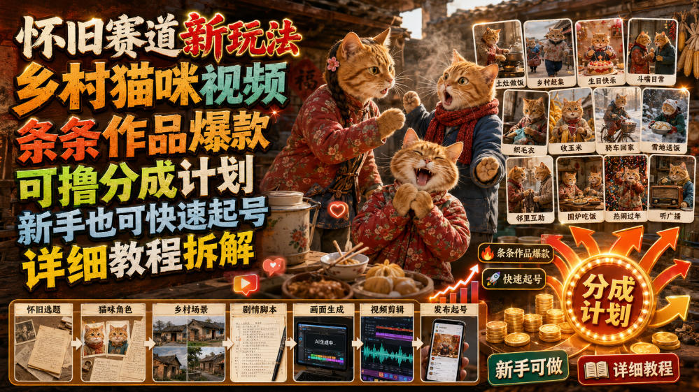怀旧赛道新玩法，乡村猫咪视频，条条作品爆款，可撸分成计划，新手也可快速起号，详细教程拆解-我爱项目网