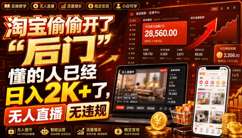 淘宝偷偷开了“后门”，懂的人已经日入2K+了，无人直播无违规，一台电脑=一家24小时营业的线上门店【揭秘】-我爱项目网