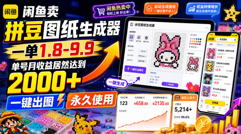 闲鱼卖拼豆图纸生成器，一单1.8-9.9，单号月收益居然达到2000+一键出图永久使用-我爱项目网