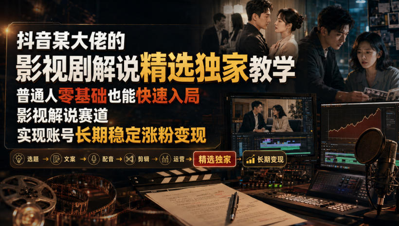 抖音某大佬的影视剧解说精选独家教学，普通人零基础也能快速入局影视解说赛道，实现账号长期稳定变现-我爱项目网