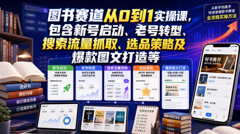 图书赛道从0到1实操课，包含新号启动、老号转型、搜索流量抓取、选品策略及爆款图文打造等-我爱项目网