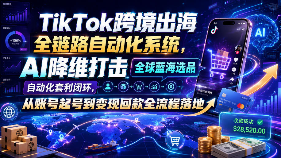TikTok跨境出海全链路自动化系统，AI降维打击全球蓝海选品自动化套利闭环，从账号起号到变现回款全流程落地（2026年7月）-我爱项目网