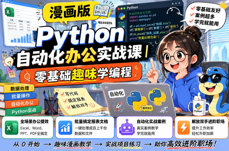 漫画版Python自动化办公实战课｜零基础趣味学编程，全场景办公提效、批量搞定报表文档、解放双手进阶职场-我爱项目网