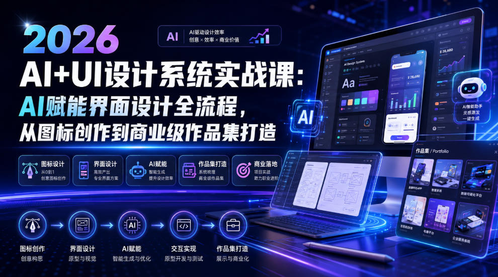 2026 AI+UI设计系统实战课：AI赋能界面设计全流程，从图标创作到商业级作品集打造-我爱项目网