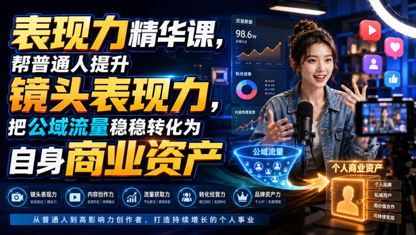 表现力精华课，帮普通人提升镜头表现力，把公域流量稳稳转化为自身商业资产-我爱项目网
