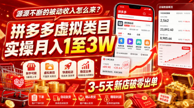 源源不断的被动收入怎么来？拼多多虚拟类目实操月入1至3W，3-5天新店破零出单-我爱项目网