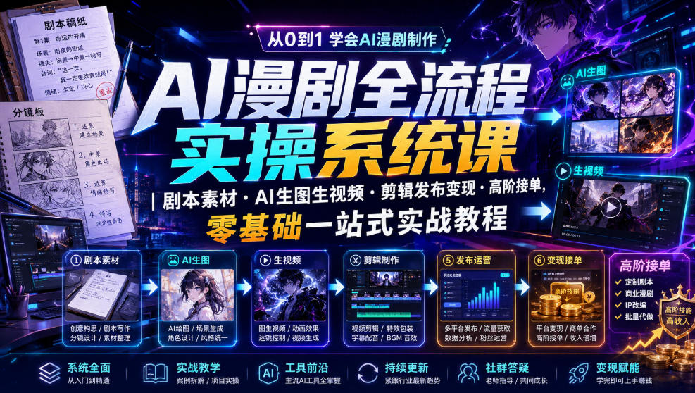 AI漫剧全流程实操系统课｜剧本素材・AI生图生视频・剪辑发布变现・高阶接单，零基础一站式实战教程-我爱项目网