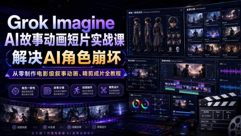 Grok Imagine AI故事动画短片实战课｜解决AI角色崩坏，从零制作电影级叙事动画、精剪成片全教程（中英字幕）-我爱项目网
