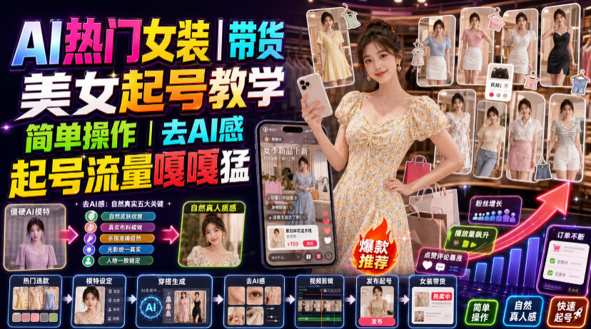 AI热门女装带货丨美女起号教学，简单操作，去AI感，起号流量嘎嘎猛-我爱项目网