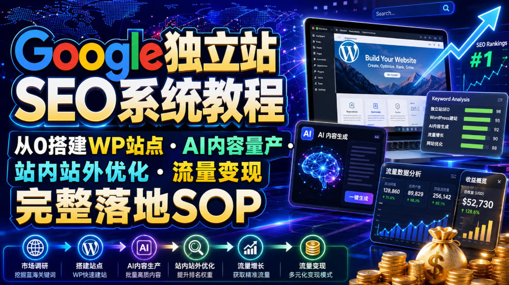 Google独立站SEO系统教程，从0搭建WP站点・AI内容量产・站内站外优化・流量变现完整落地SOP（2026年7月）-我爱项目网