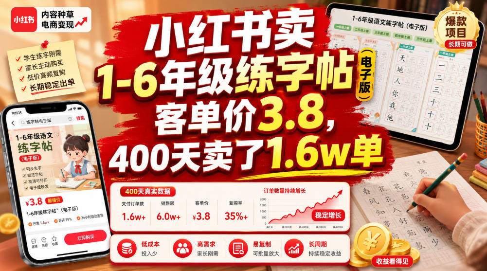 小红书卖1-6年级练字帖（电子版），客单价3.8，400天卖了1.6w单-我爱项目网