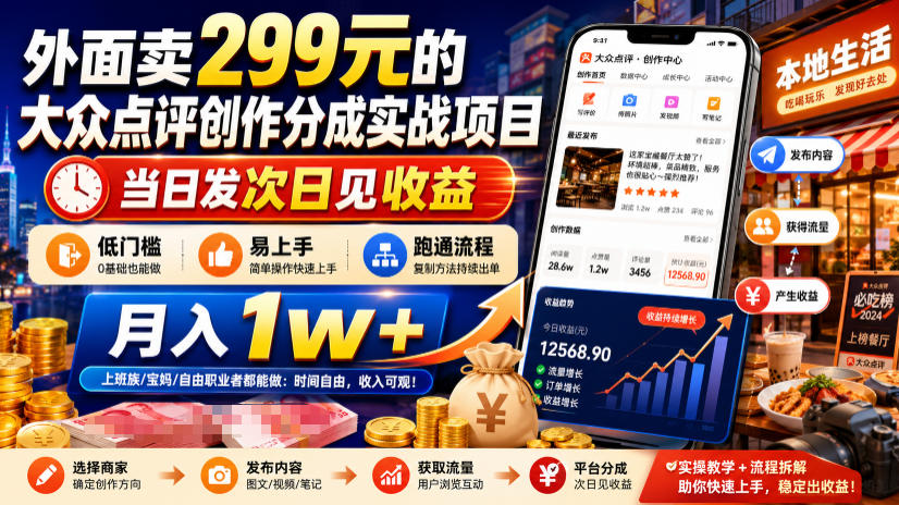 外面卖299元的大众点评创作分成实战项目，当日发次日见收益，低门槛易上手，跑通流程月入1w+-我爱项目网
