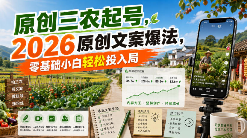 原创三农起号,2026原创文案爆法,零基础小白轻松投入局-我爱项目网