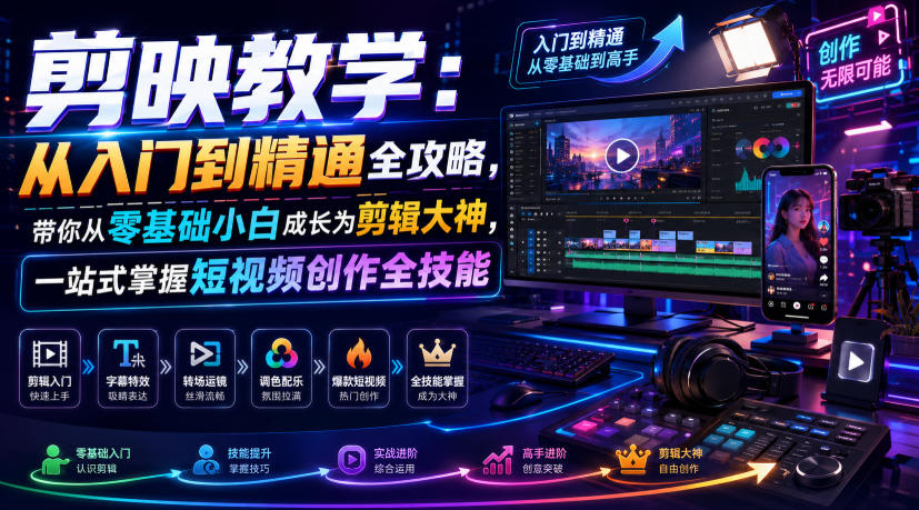 剪映教学：从入门到精通全攻略，带你从零基础小白成长为剪辑大神，一站式掌握短视频创作全技能-我爱项目网