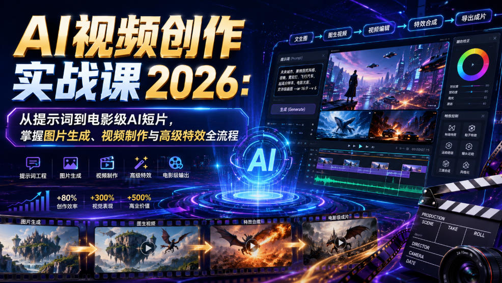 AI视频创作实战课2026：从提示词到电影级AI短片，掌握图片生成、视频制作与高级特效全流程-我爱项目网