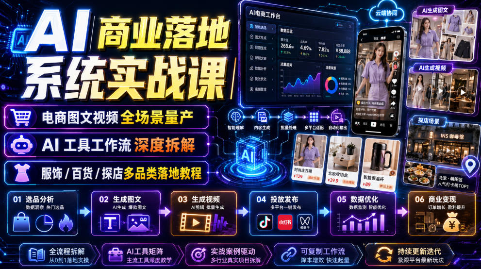 AI商业落地系统实战课｜电商图文视频全场景量产・AI工具工作流深度拆解・服饰/百货/探店多品类落地教程-我爱项目网