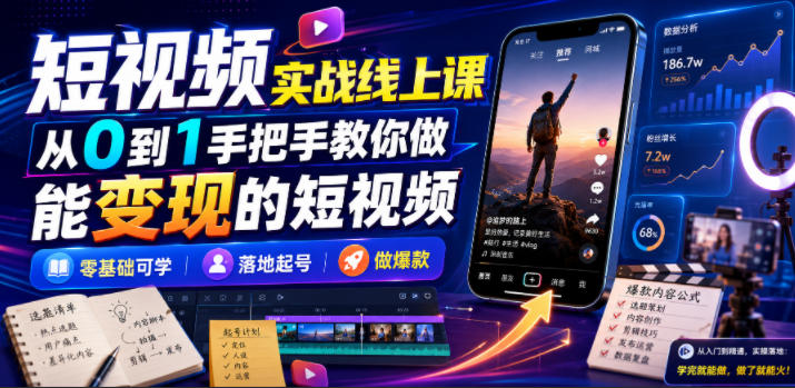 短视频实战线上课，从0到1手把手教你做能变现的短视频，零基础可学，落地起号做爆款-我爱项目网