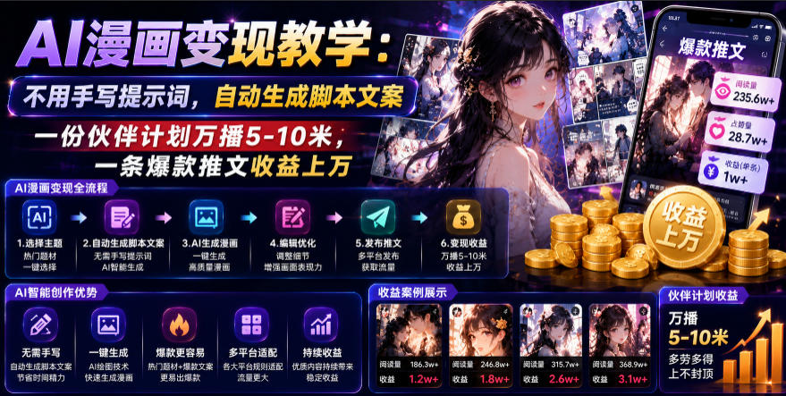 AI漫画变现教学：不用手写提示词，自动生成脚本文案，一份伙伴计划万播5-10米，一条爆款推文收益上W-我爱项目网