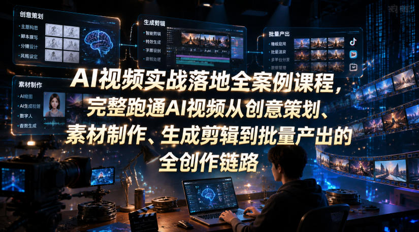 AI视频实战落地全案例课程，完整跑通AI视频从创意策划、素材制作、生成剪辑到批量产出的全创作链路-我爱项目网