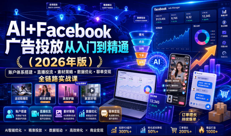 AI+Facebook广告投放从入门到精通（2026年版）｜账户体系搭建・直播投流・素材策略・数据优化・聊单变现全链路实战课-我爱项目网
