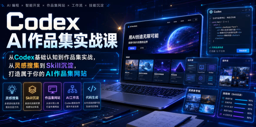 Codex AI作品集实战课，从Codex基础认知到作品集实战，从灵感搜集到Skill沉淀，打造属于你的AI作品集网站-我爱项目网
