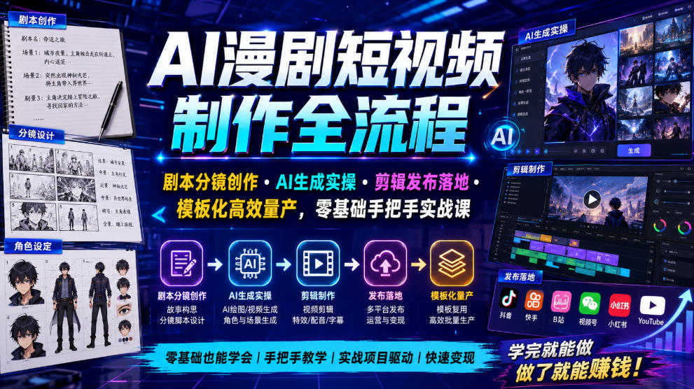 AI漫剧短视频制作全流程｜剧本分镜创作・AI生成实操・剪辑发布落地・模板化高效量产，零基础手把手实战课-我爱项目网