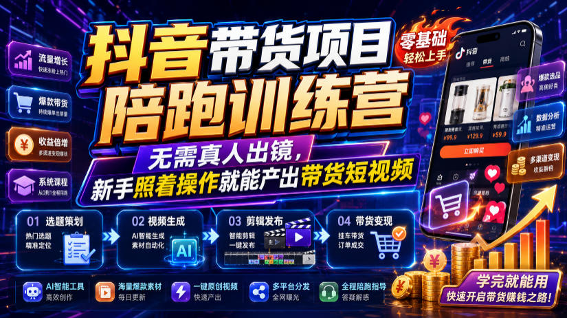 抖音带货项目陪跑训练营，无需真人出镜，新手照着操作就能产出带货短视频-我爱项目网