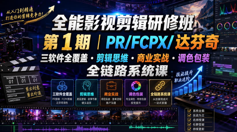 全能影视剪辑研修班第1期｜PR/FCPX/达芬奇三软件全覆盖・剪辑思维・商业实战・调色包装全链路系统课-我爱项目网