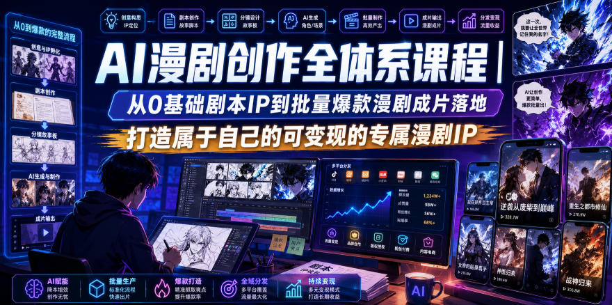 AI漫剧创作全体系课程｜从0基础剧本IP到批量爆款漫剧成片落地，打造属于自己的可变现的专属漫剧IP-我爱项目网