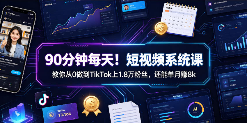 90分钟每天！短视频系统课教你从0做到TikTok上1.8万粉丝，还能单月賺8k【原创双语字幕】-我爱项目网