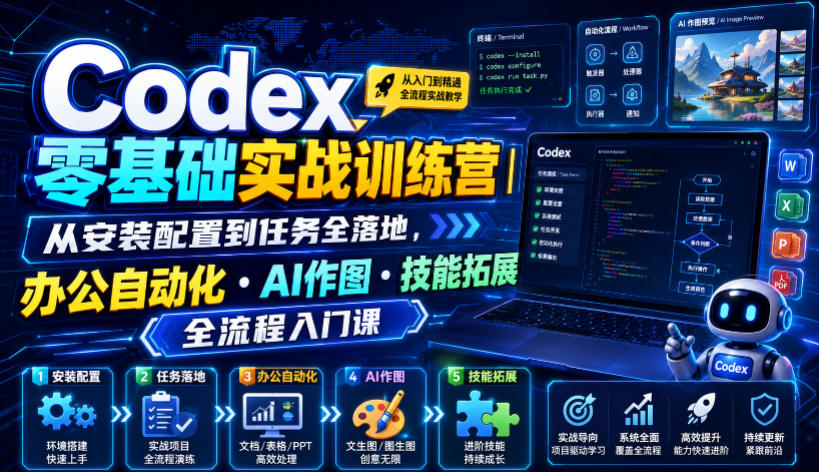 Codex零基础实战训练营｜从安装配置到任务全落地，办公自动化・AI作图・技能拓展全流程入门课-我爱项目网