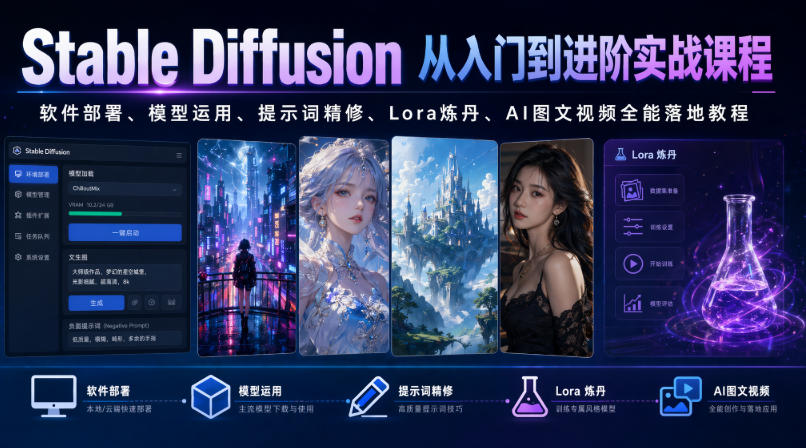 Stable Diffusion从入门到进阶实战课程｜软件部署、模型运用、提示词精修、Lora炼丹、AI图文视频全能落地教程-我爱项目网