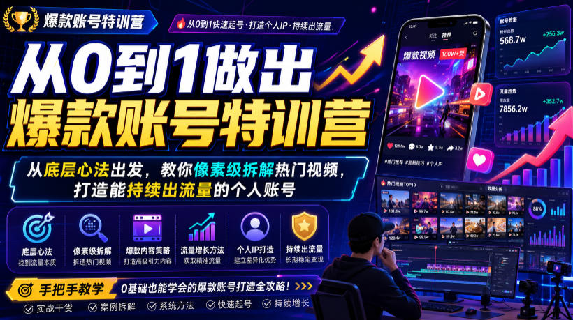 从0到1做出爆款账号特训营，从底层心法出发，教你像素级拆解热门视频，打造能持续出流量的个人账号-我爱项目网