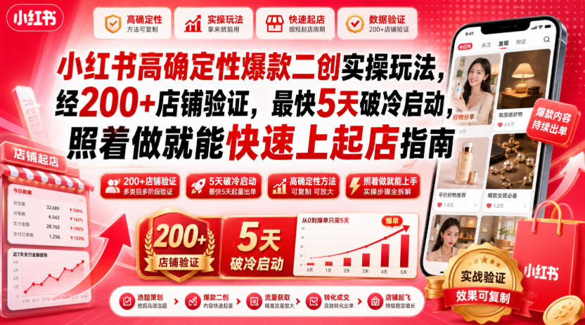 小红书高确定性爆款二创实操玩法，经200+店铺验证，最快5天破冷启动，照着做就能快速上起店指南-我爱项目网