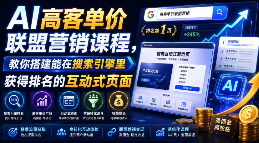 AI高客单价联盟营销课程，教你搭建能在搜索引擎里获得排名的互动式页面，引来流量，把访客转化为高佣金的成交【原创双语字幕】-我爱项目网