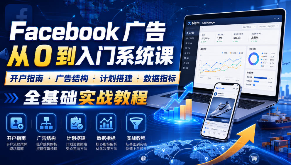 Facebook广告新手从0到入门系统课｜开户指南・广告结构・计划搭建・数据指标全基础实战教程-我爱项目网