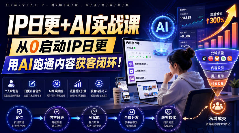 IP日更+AI实战课，从0启动IP日更，IP置顶视频制作+100条选题库搭建+10条日更规划，用AI跑通内容获客闭环!-我爱项目网