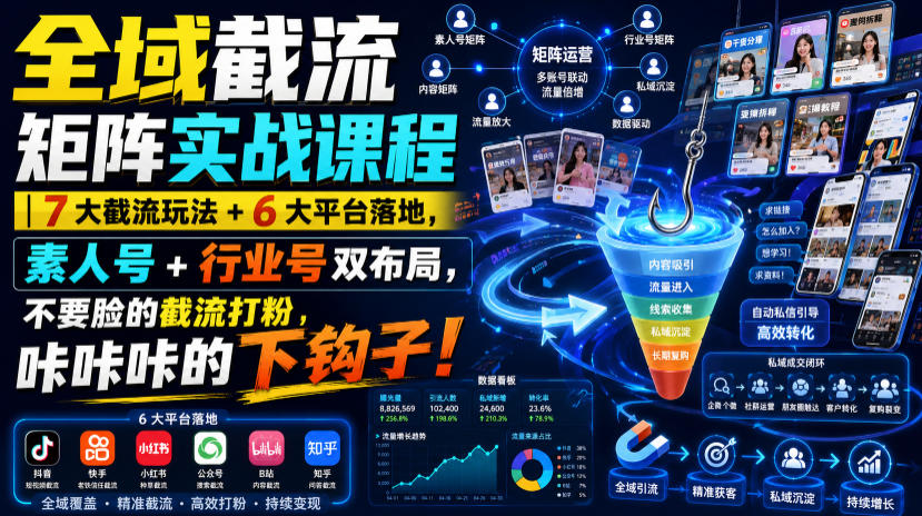 全域截流矩阵实战课程｜7大截流玩法+6大平台落地，素人号+行业号双布局，不要脸的截流打粉，咔咔咔的下钩子！-我爱项目网