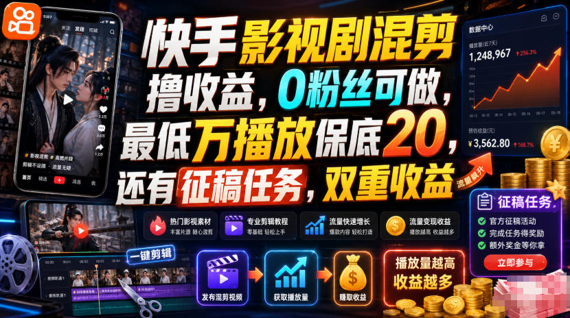 快手影视剧混剪撸收益，0粉丝可做，最低万播放保底20，还有征稿任务，双重收益-我爱项目网