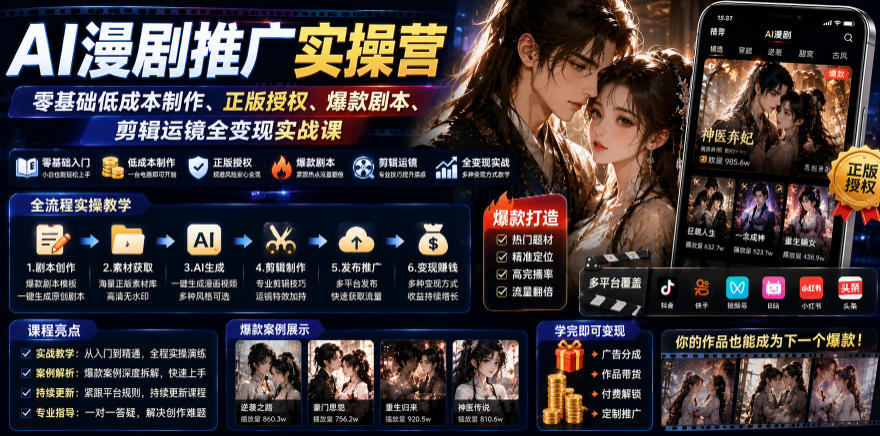 AI漫剧推广实操营｜零基础低成本制作、正版授权、爆款剧本、剪辑运镜全变现实战课-我爱项目网