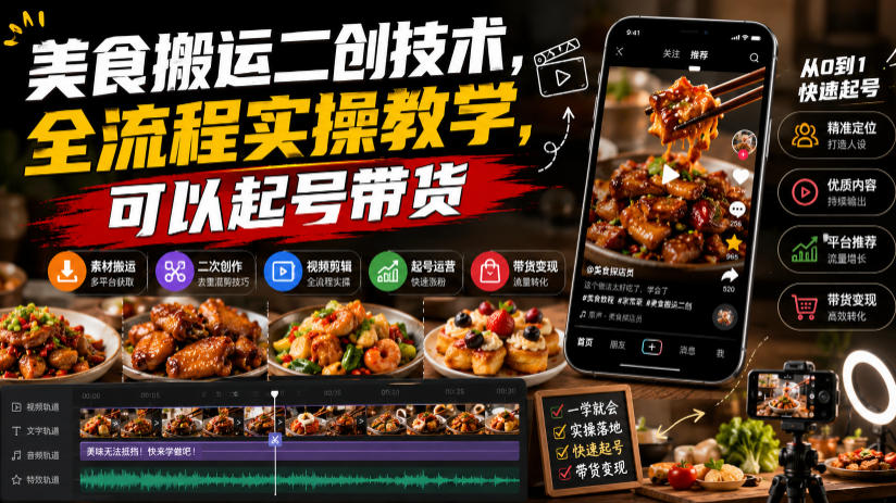 美食搬运二创技术,全流程实操教学,可以起号带货-我爱项目网