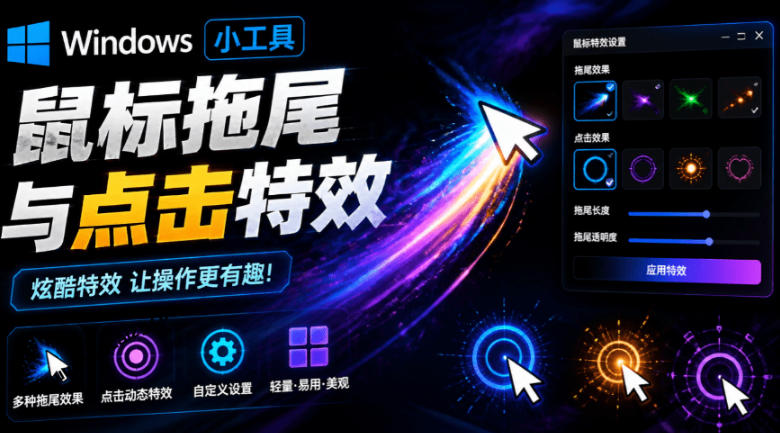 Windows特效小工具！一键给你的鼠标添加拖尾与点击动态特效，吾爱出品，免费使用Mouse Trail-我爱项目网