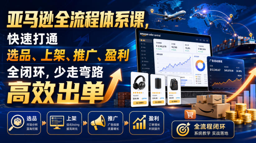 亚马逊全流程体系课，快速打通选品、上架、推广、盈利全闭环，少走弯路高效出单-我爱项目网
